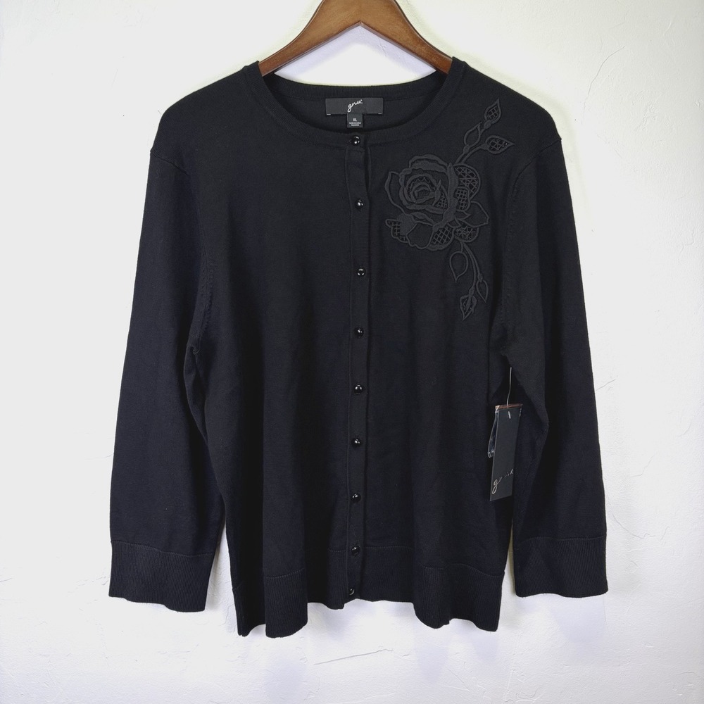 GNW Great Northwest NWT Woman's Cardigan Sweater Size XL Black Embroidery Floral